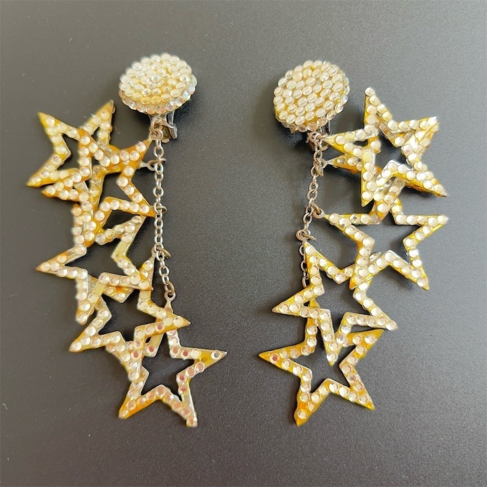 Vintage Gold Tone Rhinestone Star Cluster Dangle Clip-On Earrings